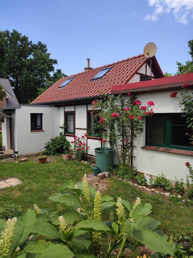 Eingang des Ferienhauses mit Rosen und Fachwerkbalken